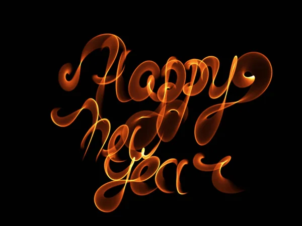 Feliz año nuevo palabras aisladas letras escritas con llama de fuego o humo sobre fondo negro — Foto de Stock