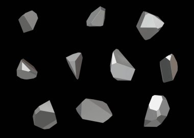 Crystal taş mücevher makro mineral koleksiyon kümesi 10 birim, kuvars siyah arka plan üzerine. 3D çizim