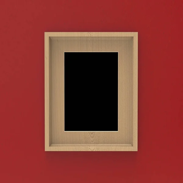 Marco de madera en blanco en la pared roja. 3d ilustración maqueta de diseño — Foto de Stock