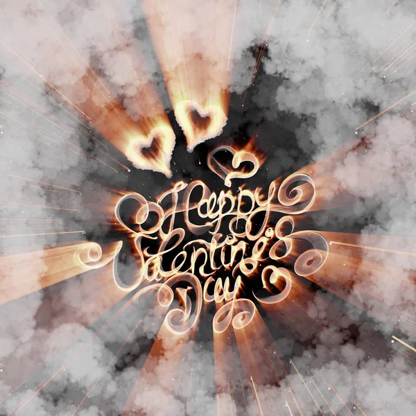 Happy Valentines day vintage lettering written by fire or smoke over cloud background with flying hearts — Stock Photo, Image