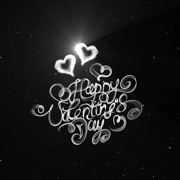 Happy Valentines day vintage lettering written by fire or smoke over black background with flying hearts — Stock Photo, Image