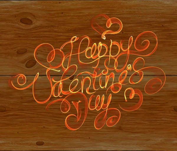 Feliz día de San Valentín letras vintage escritas por fuego o humo naranja sobre fondo de madera — Foto de Stock