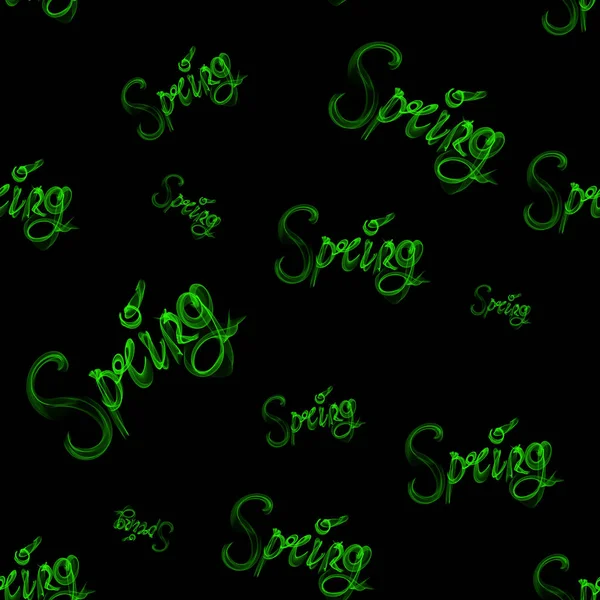 Våren gröna bokstäver ordet gjord av rök isolerad på svart bakgrund. Sömlös designmönster — Stockfoto