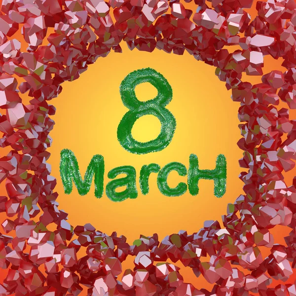 8 March green symbol flying in the space and round by frame made of red gems. Can be used as a decorative greeting grungy or postcard for international Womans Day. 3d illustration — Stock Photo, Image