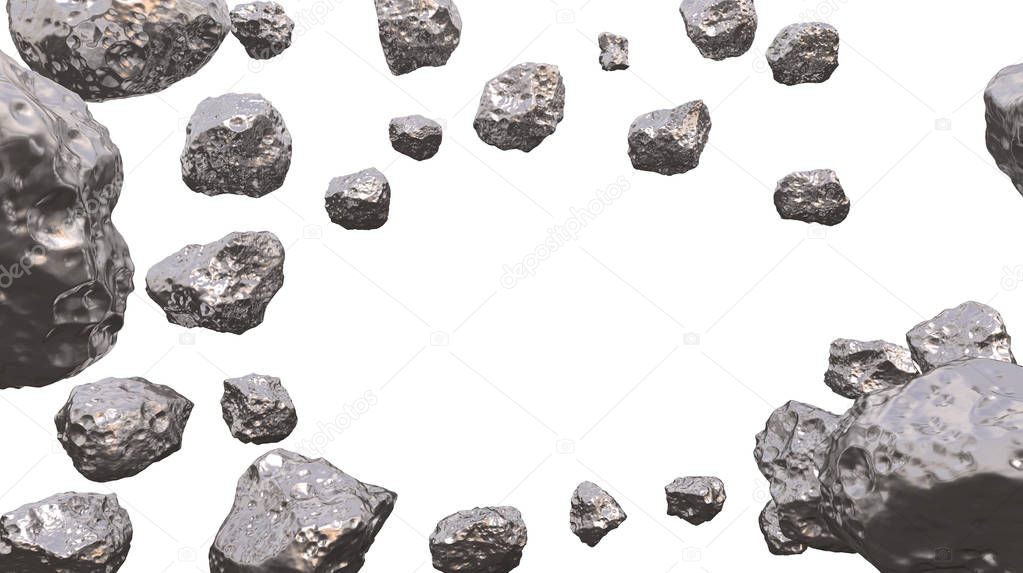 Abstract background in the space with silver asteroids. Copyspace empthy area. Can be used as a decorative greeting grungy or postcard framing for your design or text . 3d illustration