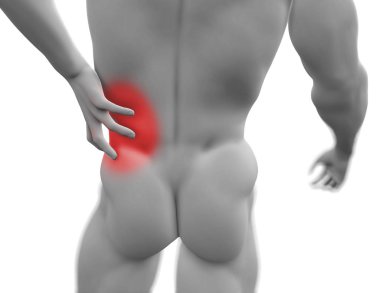 Erkek torso, Arkadaki beyaz arka plan üzerinde izole ağrı. 3D render Medikal illüstrasyon