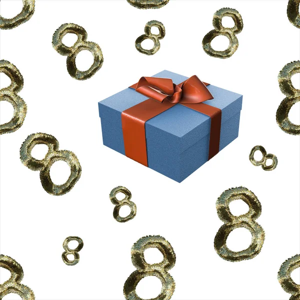 黄金8数字由毛皮和飞行礼品盒隔离在明亮的背景。快乐的女人的一天无缝设计模式。3d 插图 — 图库照片