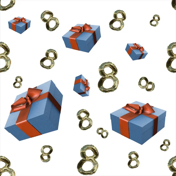 Zlatá 8 čísla ze strany srst a létající dárkové krabice izolované na světlé pozadí. Happy Zenske den bezproblémové návrhový vzor. 3D obrázek — Stock fotografie