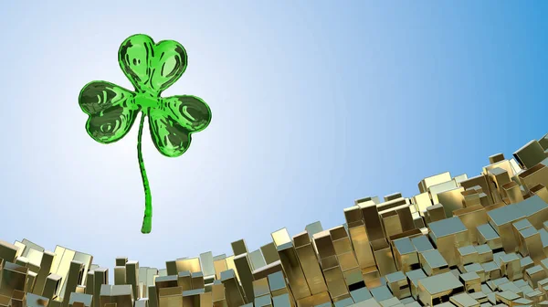 St. Patricks Day 3d efekt koniczyna Abstrakcja góry krajobraz tle metalowe skrzynie. Pocztówka pozdrowienie dekoracyjne z tło tekstu. ilustracja 3D — Zdjęcie stockowe