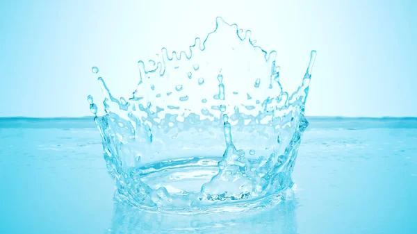 Bevroren beweging splash kroon met golven en druppels op kalm water oppervlakte realistische 3d illustratie. Puur drinken vers bron, schoon milieu en ecologie concept. Natuurlijk productpresentatie — Stockfoto