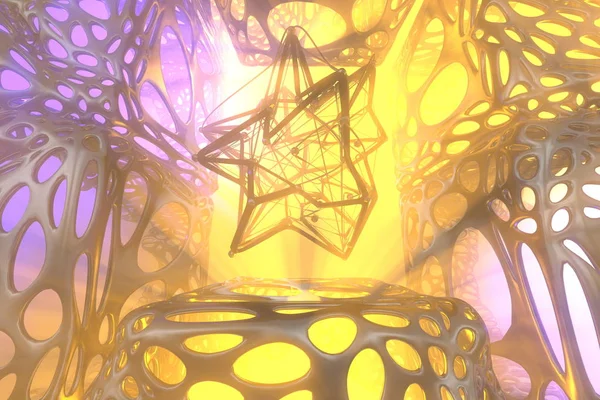 Abstrakta 3d rendering begreppet hög poly atom sfären med kaotiska mesh gallerstruktur cellulär mulecular. Sci-Fi bakgrund med månghörnigt form i abstrakt scifi innerutrymmen med ljus Gud — Stockfoto