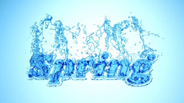 La palabra Primavera. Material hielo azul y transparente cubierto por salpicaduras de agua dulce cristalina. Ilustración 3d. Aislado sobre fondo brillante —  Fotos de Stock