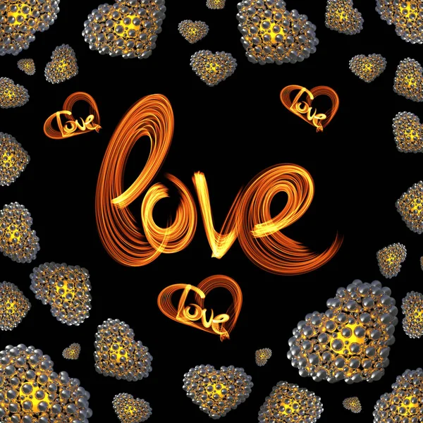 Metal Gold hearts made of spheres isolated on black background with Love lettering written by fire or smoke. Happy valentines day 3d illustration — Stock Photo, Image