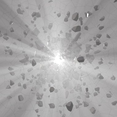 Paramparça kırık taş veya sisli alanı arka planda uçan meteor. 3D çizim