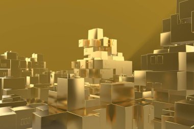 Servet zengin kavram fikir Golden city adlı günbatımı ışınları soyut uzay background.3d resim işleme