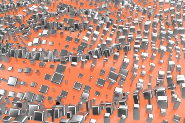 Gümüş veya Beyaz Altın Platin küpleri ışık pembe turuncu dalga arka plan üzerinde engeller. 3D çizim modelleme. servet zengin araştırma bitcoin kavramı. İş Finans başarı clipart büyüyen para