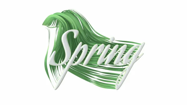 A palavra Primavera lettering feita por plactic branco e crescente grama ondulada verde e fresco. Ilustração 3d. Isolado sobre fundo branco — Fotografia de Stock
