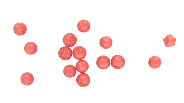 Voando rosa hi-tech esferas de cor de coral vivo. Fundo abstrato com formas geométricas 3d. Design de capa moderna. Modelo de banner de anúncios. Papel de parede dinâmico com bolas ou partículas ilustração 3d — Fotografia de Stock