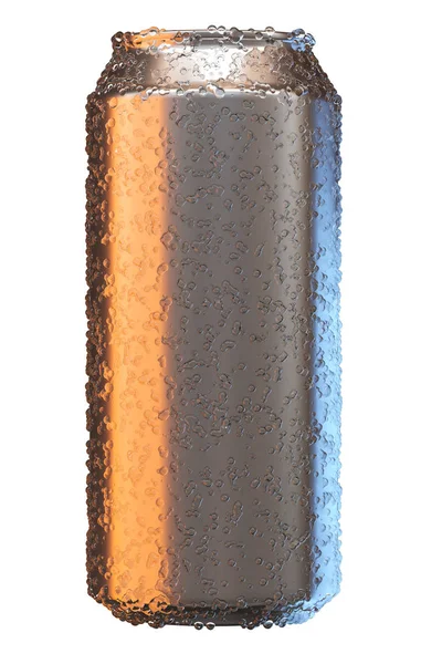Cerveza de aluminio o refresco se burlan. Lata metálica en blanco realista cubierta por gotas de agua aisladas sobre fondo blanco. ilustración 3d —  Fotos de Stock
