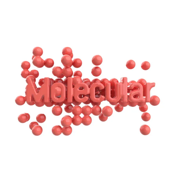 Modelo de estructura molecular abstracta con letras de palabras en color coral vivo de moda. Aislado sobre fondo blanco. 3d renderizar — Foto de Stock