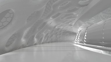 Modern futuristik ve organik mimari şekli yuvarlak tüp tünelin ışık arka plan ile. 3D render illüstrasyon