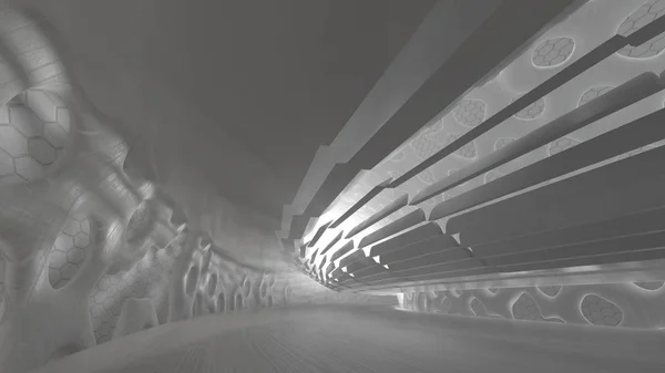 Arquitectura moderna futurista y orgánica abstracta en forma de túnel de tubo redondo con fondo de luz. Ilustración de renderizado 3d — Foto de Stock
