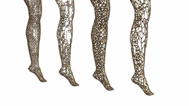 poligonal kadın bacakları Tiptoes altın Kafes Tel protez kavramı üzerinde duruyor. 3d illüstrasyon izole beyaz arka plan üzerinde