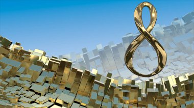 8 Mart döküm altın gümüş veya platin metal kutular soyut dağ manzara arka plan üzerinde uzayda uçan kelime yapılmış. Uluslararası Kadınlar Günü için tebrik kartpostalı. 3D çizim