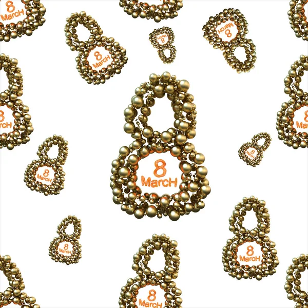 Gouden 8 nummers gemaakt door bollen geïsoleerd op een lichte achtergrond. Gelukkig womans dag naadloze ontwerppatroon. 3D illustratie — Stockfoto