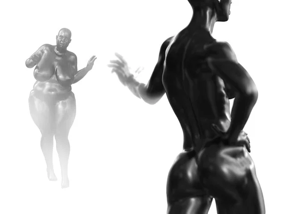 Černý zpět Žena Žena trupu na popředí a tlustá žena v pozadí. 3D obrázek vykreslený medicínského celku. Problémy s obezitou — Stock fotografie