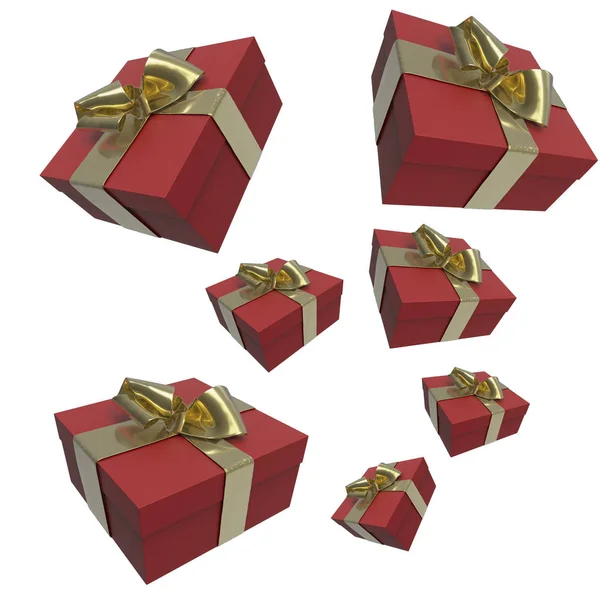 Színes és csíkozott piros dobozok, ajándék íjak kötött fehér háttér. 3D-s illusztráció — Stock Fotó