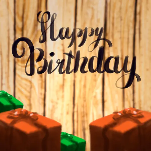 Grattis på födelsedagen bokstäver illustration med gåva lådor band lindade på trä suddiga bakgrunden. Copyspace för kortets namn text — Stockfoto