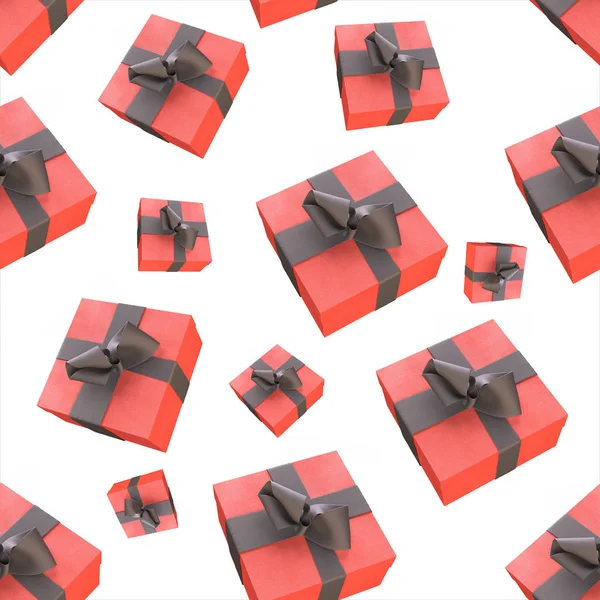 Karácsonyi-újévi színes piros ajándék dobozok, íjak a szalagok a fehér háttérben repülő. varrat nélküli mintát. 3D-s illusztráció — Stock Fotó