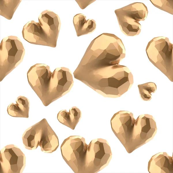 Глянцевые золотые угловатые нарезанные сердца с отражениями, выделенными на ярком фоне. Счастливый женский день 3d иллюстрация безшипный рисунок дизайна — стоковое фото