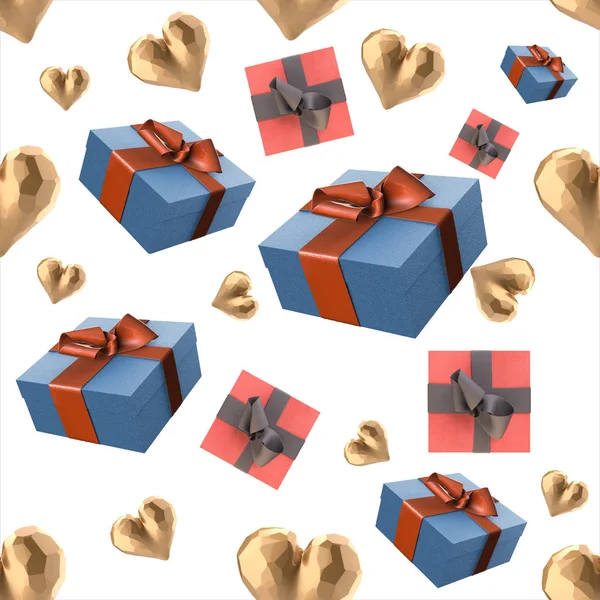 Jul nyår färgglada blå och röda gåva lådor och gyllene hjärtan med bågar av band som flyger på vit bakgrund. Seamless mönster. 3D illustration — Stockfoto