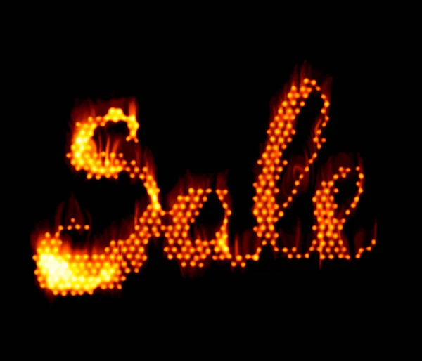VENDA palavra feita de fogo em design brilhante quente no fundo preto — Fotografia de Stock