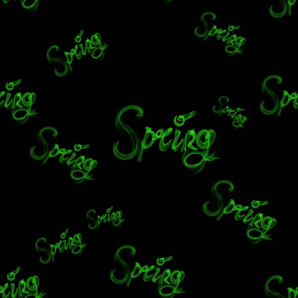 Palabra de letras verde primavera hecha de humo aislado sobre fondo negro. Patrón de diseño sin costuras — Foto de Stock