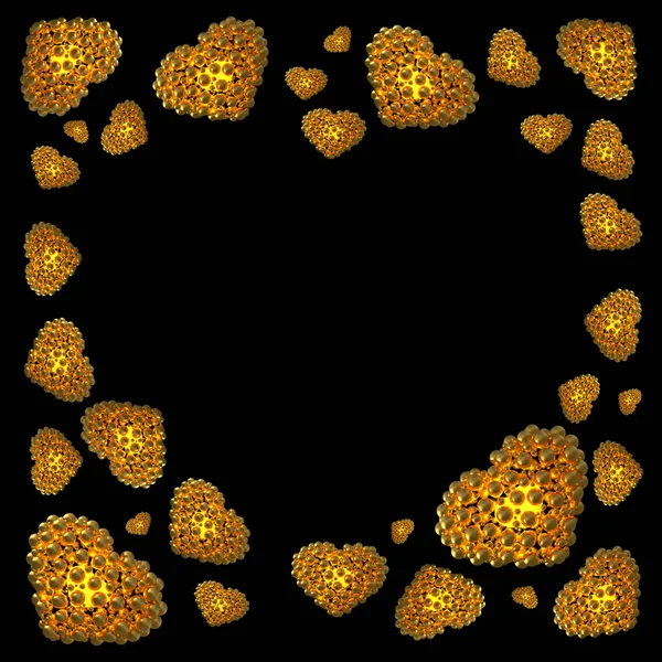 Corazones de metal dorado hechos de esferas con reflejos aislados sobre fondo negro. Feliz día de San Valentín marco de ilustración 3d con copyspace — Foto de Stock