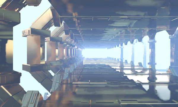 抽象未来隧道像宇宙飞船走廊金属反射在空白处。3d 插图 — 图库照片