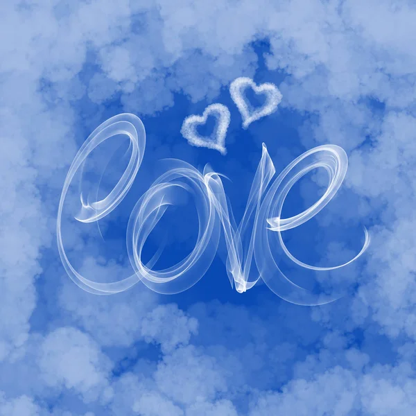 Love word lettering and hearts written with fire flame or smoke on cloud background — Stock Photo, Image