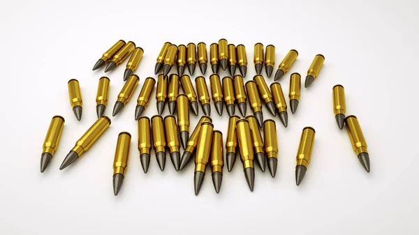 3d ilustração renderização de cartuchos de balas douradas brilhantes que colocam no fundo branco. Conceito de arma de fogo de caça ao perigo isolado — Fotografia de Stock