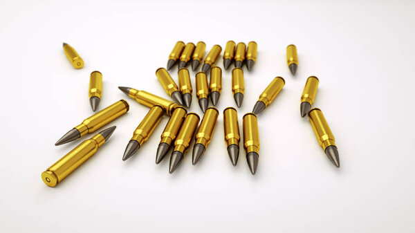 3D рендеринг иллюстрации блестящие золотые патроны патроны, лежащие на белом фоне. Опасная охота на огнестрельное оружие
