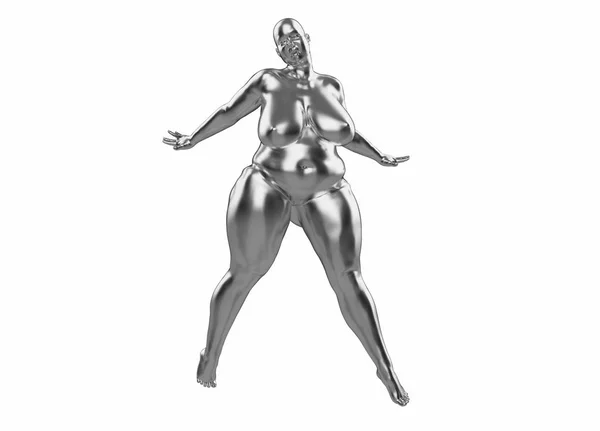 Chica gorda hecha de plata. Ella está de pie extendiendo piernas y brazos en diferentes direcciones. Ilustración 3d Concepto. Ejemplo de problemas de obesidad y estilo de vida saludable —  Fotos de Stock