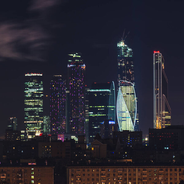 Skyscrapers of Moscow City business center at night, Russia. Architecture and landmark of Moscow. high point of shooting.