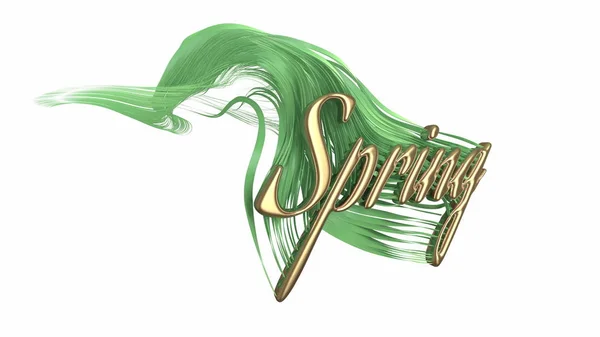 Das Wort Frühling Schriftzug aus Gold und wachsenden grünen und frischen welligen Gras. 3D-Illustration. isoliert auf weißem Hintergrund — Stockfoto