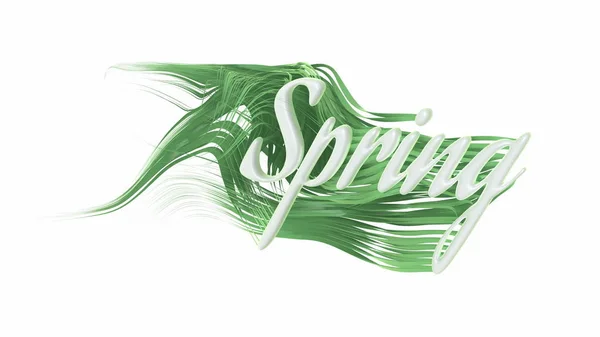 Das Wort Frühling Schriftzug aus weißem Kunststoff und wachsenden grünen und frischen welligen Gras. 3D-Illustration. isoliert auf weißem Hintergrund — Stockfoto