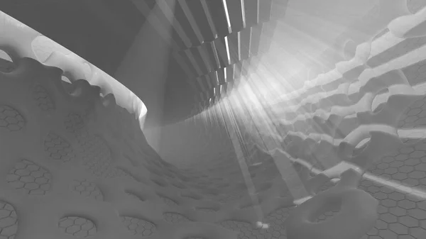 Arquitectura moderna futurista y orgánica abstracta en forma de túnel de tubo redondo con luz de volumen. 3d Render Fondo de ilustración — Foto de Stock