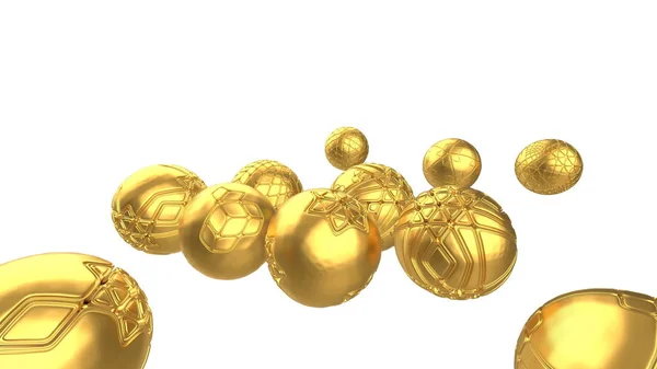 Latające hi-tech złote kule pokryta ciekawym wzorem. Streszczenie tło. Nowoczesny okładka projekt. Szablon transparent reklamy. Dynamiczna tapeta z kulek lub cząstki ilustracja 3d — Zdjęcie stockowe