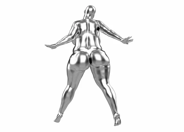 Grosse fille en argent. Elle écarte les jambes et les bras dans différentes directions. Illustration 3D Concept. Exemple d'obésité et de problèmes de mode de vie sain. Vue arrière — Photo