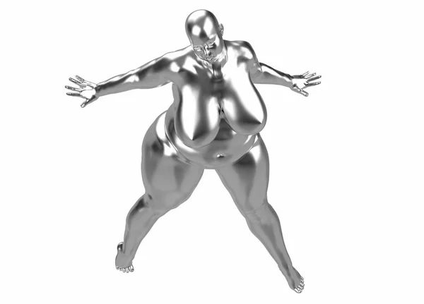 Fettes Mädchen aus Silber. Sie steht und breitet Beine und Arme in verschiedene Richtungen aus. 3D Illustrationskonzept. Beispiel Fettleibigkeit und gesunder Lebensstil. Dreiviertelblick von oben — Stockfoto
